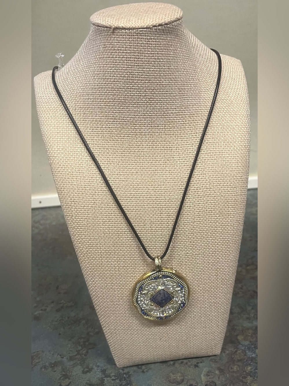 Vintage Orit Schatzman Gold Plated Sterling Silver Mosaic Sodalite Pendant
